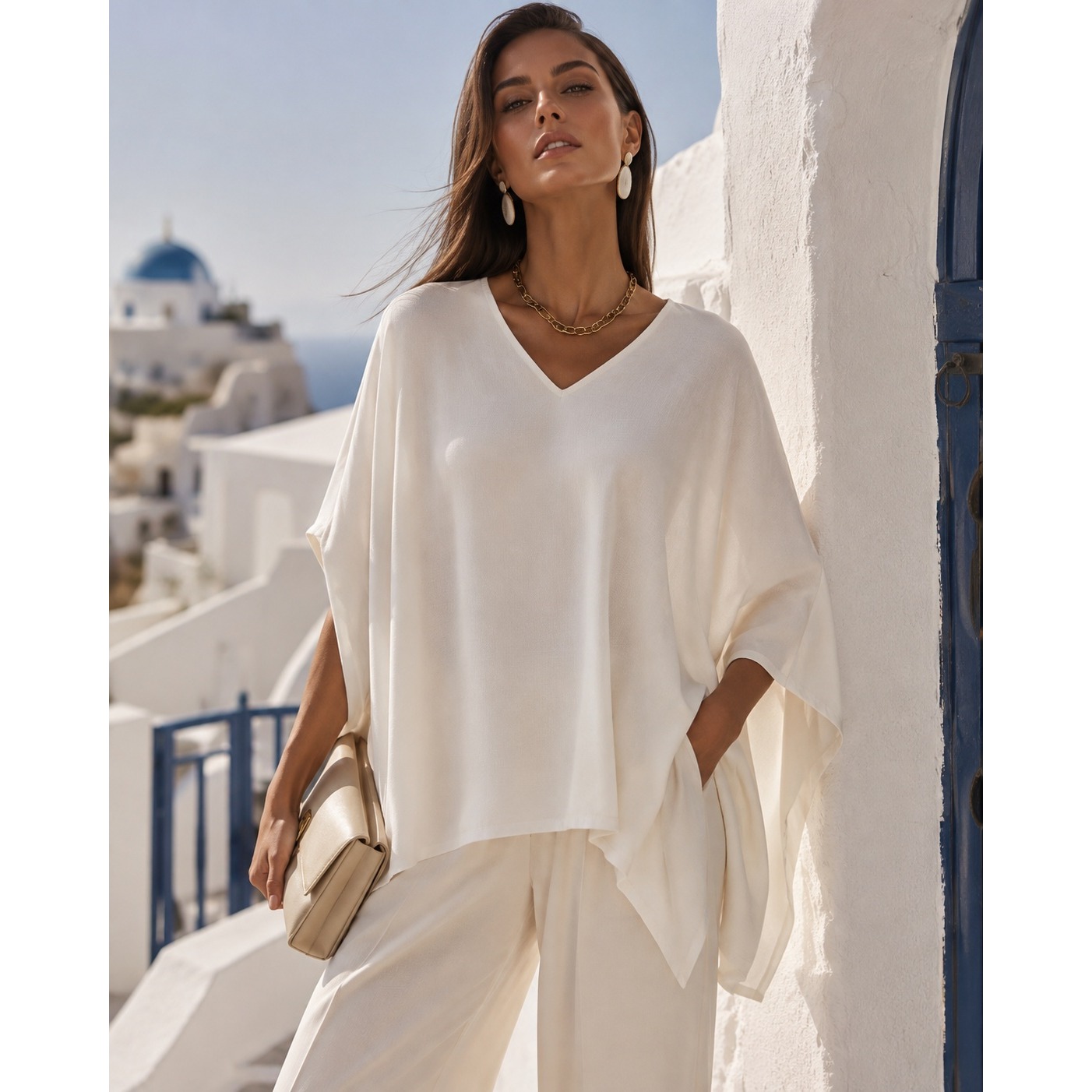 Patrizia Luca White V-Neck Oversized Kaftan Batwing Sleeve Blouse O/S